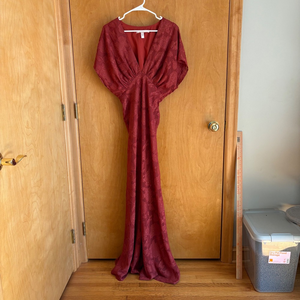 Hutch Floral Burnout Maxi Dress Women 4 Rust Flutter Sleeve V-Neck Gown